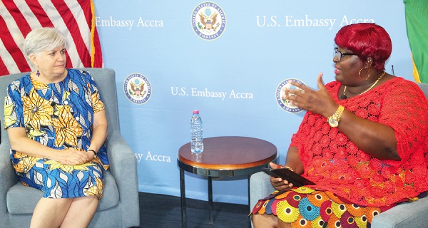  Mary Mensah (right), Foreign Editor of the Daily Graphic, interviewing Ambassador Stephanie S. Sulliva. Picture: ESTHER ADJORKOR ADJEI